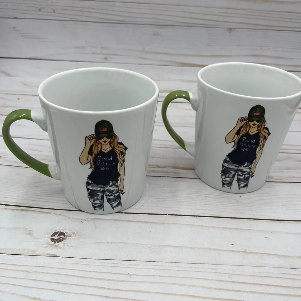 Set Of 2 PROUD MILITARY WIFE Coffee Mug Cup RONGRONG Oversized Art Mug Pair